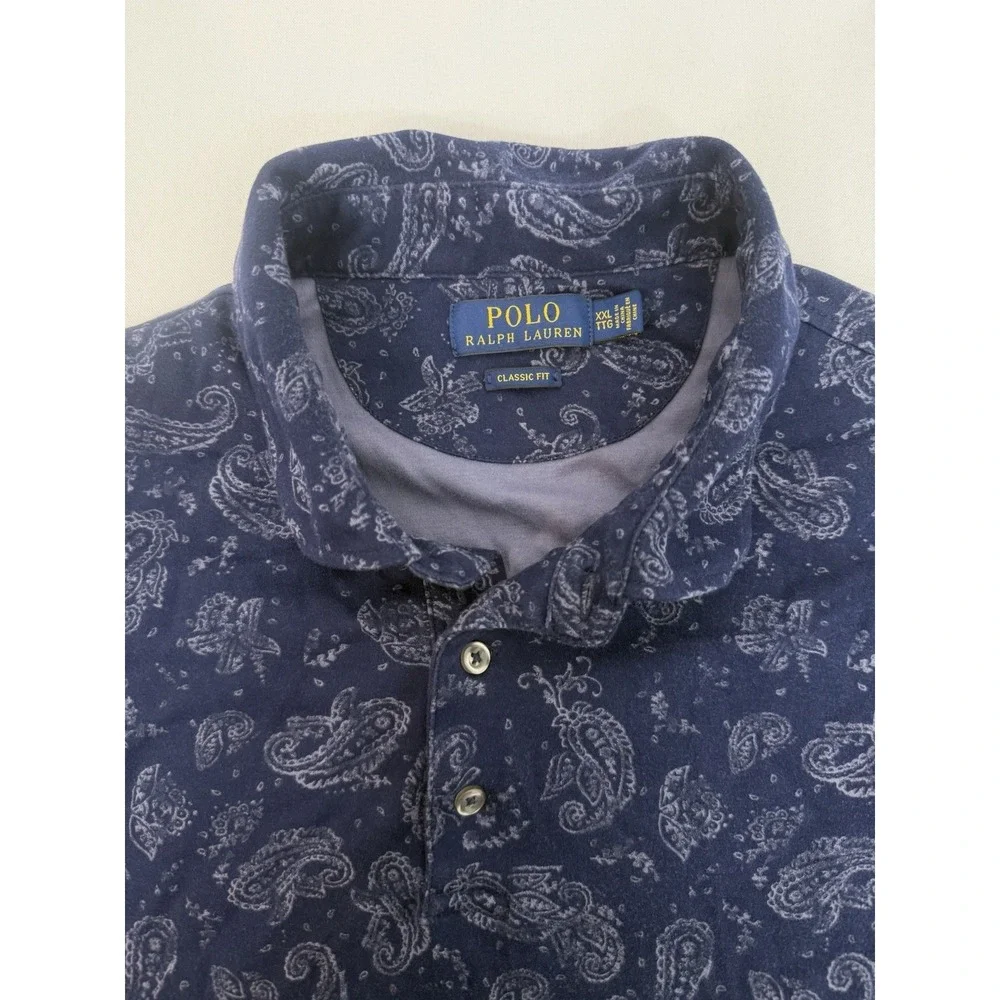 Polo Ralph Lauren Navy Paisley Print Cotton Short Sleeve Polo Shirt Mens XXL‎